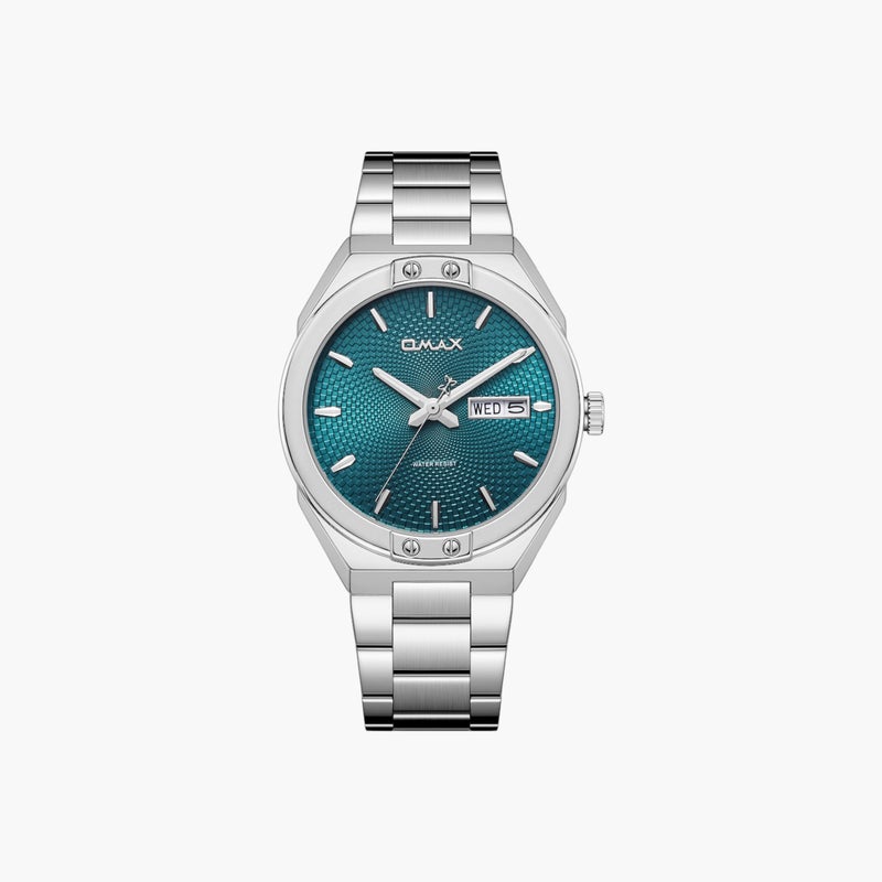 OMAX Silver Stainless Steel Watch with Teal Dial - Image 1
